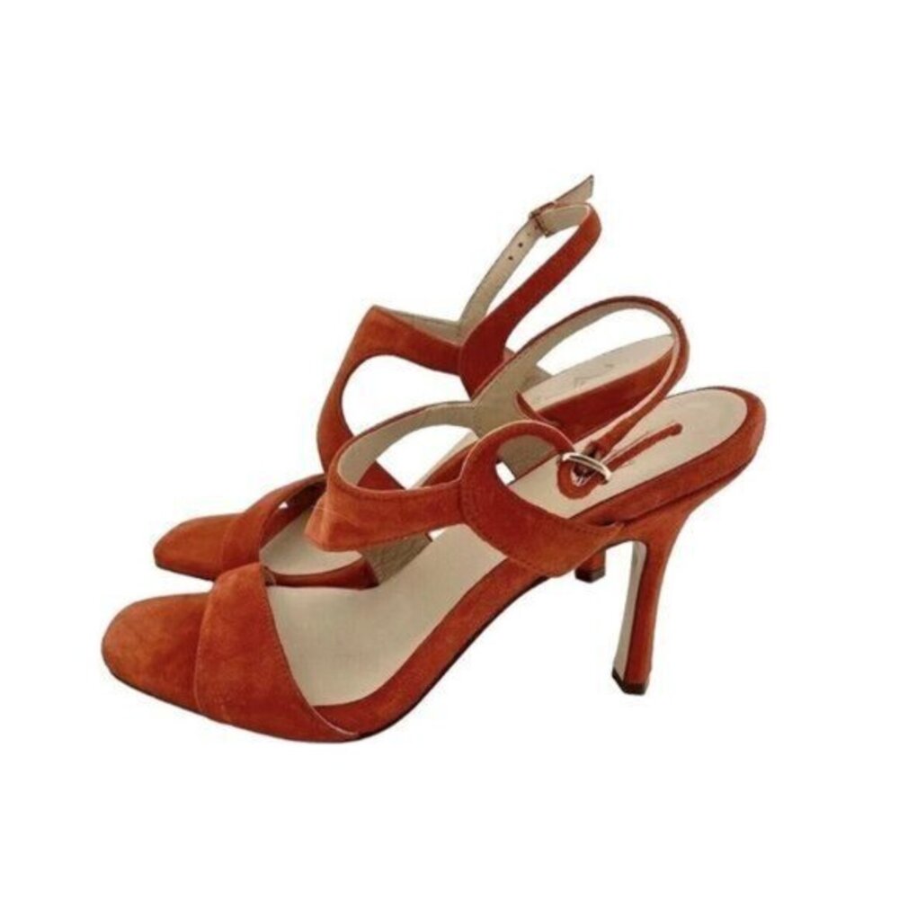 27 EDIT Lanie Orange Sandal Suede Leather High Heel Strappy SZ 7 Wide NEW